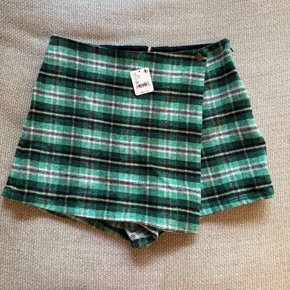 NWT Free People Emmy Mini Menswear Skort in Green Plaid - Size 10 - Picture 2 of 6